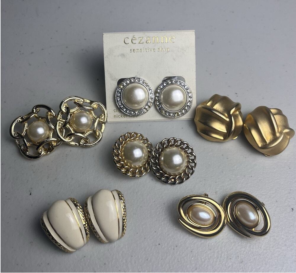 Vintage Clip On Earrings Lot Faux Pearl Gold Tone Statement Chunky 80s 90s